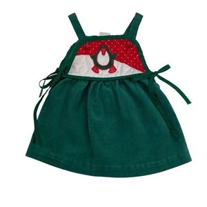 Vintage Ruth Scharf Baby Girl Holiday Dress 12 Months Green Corduroy Penguin